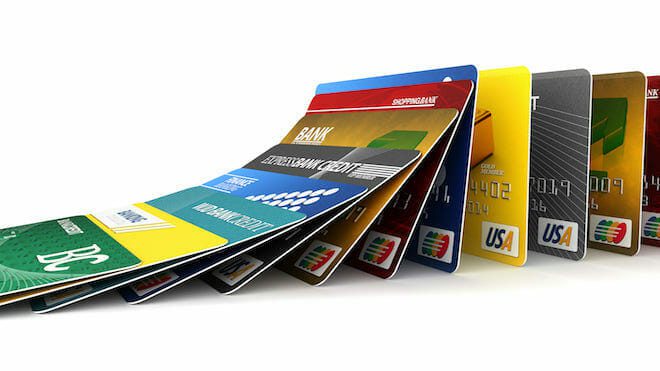 Colorful bank cards arranged in sequence