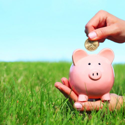 Hand placing coin in pink piggy bank