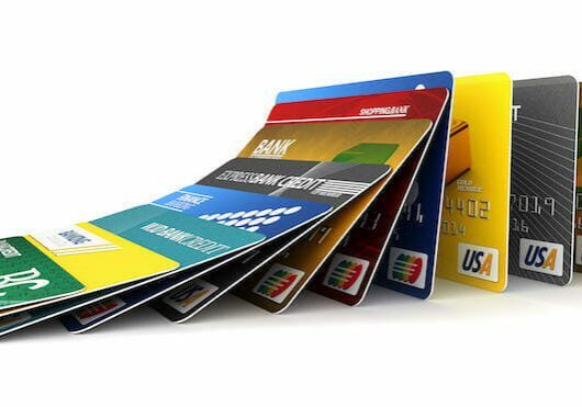 Colorful bank cards arranged in sequence
