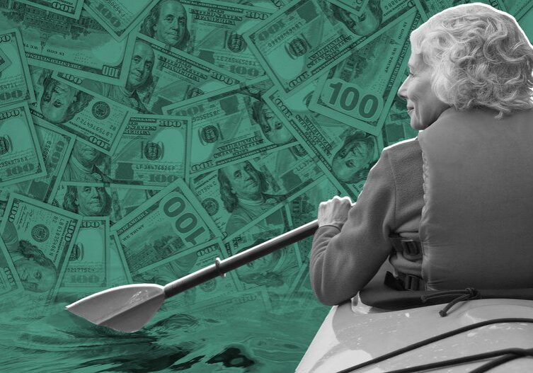 Elderly woman kayaking through money